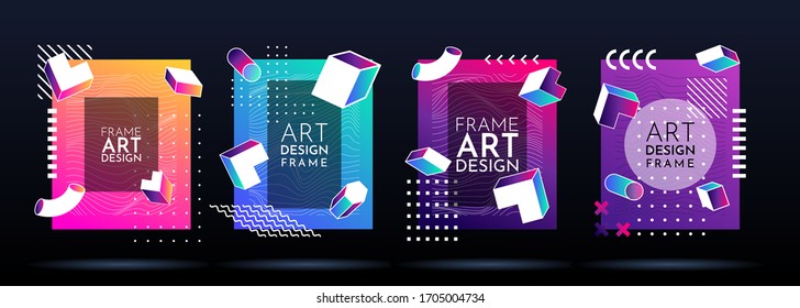 Vector frame for text. Modern Art graphic. Dynamic frame stylish geometric background. Element for design invitations, gift cards, flyers, posters, book covers, banners. Memphis pattern with 3d effect