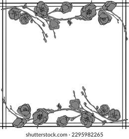 Vector frame for text. Monochrome. For printing labels, invitations, business cards, website designs and more. Chaenomelis illustration. Floral frame. Black, white and gray colors. Freehand drawing.