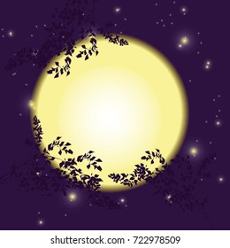 Vector frame for text or photo. The moon against the background of a starry sky and branches of trees. Greeting card for the holiday in the style of Halloween.