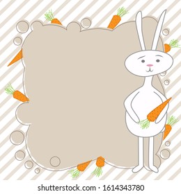 Vector frame for text with a rabbit character. Children's illustration of a cartoon rabbit with a frame for text and a carrot