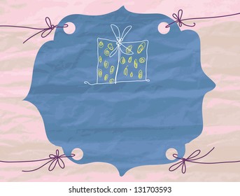 Vector frame with a texture of crumpled paper. Place for the message. Figure gift.