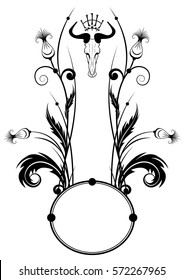 vector frame with thistle and skull in black and white 