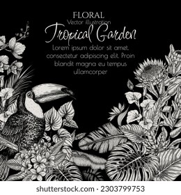 Vector frame of a toucan bird in a tropical garden in an engraving style. Anthurium, palm and banana leaves, liviston, plumeria, zantedeschia, monstera, strelitzia