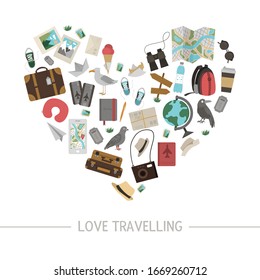 Vector frame with travelling objects. Journey elements banner design framed in heart shape. Cute funny card template with travel or vacation elements