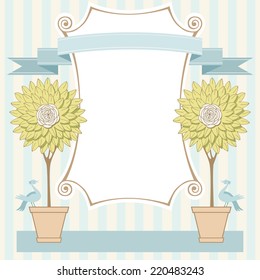 Vector frame with trees, banner, birds, ribbon, roll of paper. Card for garden party, wedding. Illustration for print, web