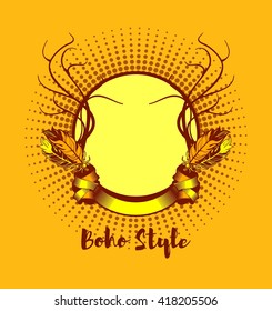 vector frame in tribal gypsy style with Boho elements, feathers and horns
