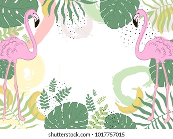 Vector frame tropic flamingo. Green leaves. Hand draw