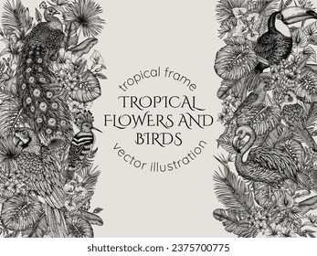 Vector frame. Tropical garden with exotic birds. Macaw parrot, toucan, hoopoe, peacock, flamingos, budgie and cockatiel parrot in engraving style