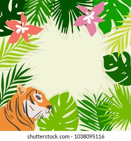 vector frame with tropical leaves, flowers and tiger