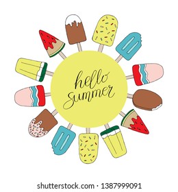 Vector frame with tropical leaves and lettering - Sun, please. Cartoon style. Colorful illustration with place for your text. Summer banner. tropical frame with leaves on white background.
