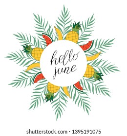 Vector frame with tropical leaves and lettering - Sun, please. Cartoon style. Colorful illustration with place for your text. Summer banner. tropical frame with leaves on white background.