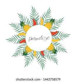 Vector frame with tropical leaves and lettering - Sun, please. Cartoon style. Colorful illustration with place for your text. Summer banner. tropical frame with leaves on white background.