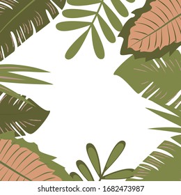 Vector frame with tropical leaves and plants in Scandinavian style. Poster with spring tropical leaves with space for text .