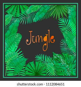 Vector frame with tropical leaves. Universal design for card, invitation, banner, poster, placard, cover.