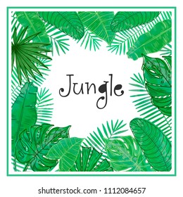 Vector frame with tropical leaves. Universal design for card, invitation, banner, poster, placard, cover.