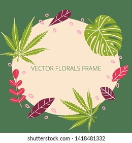 Vector frame with tropical plants. Postcard, greeting card design. Hand-drawn illustration.