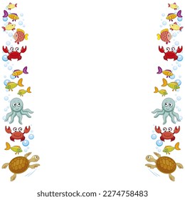 vector frame with turtle, crabs, fishes, air bubbles, sea life in water, sea animal, white background