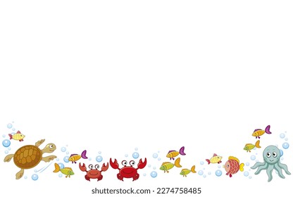 vector frame with turtle, crabs, fishes, air bubbles, sea life in water, sea animal, gorizontal white background