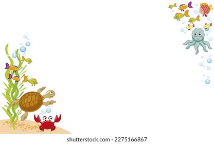 vector frame with turtle, crabs, fishes, air bubbles, sea life in water, sea animal, white background