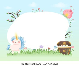 Marco de Vector con unicornio y cofre del tesoro para los niños