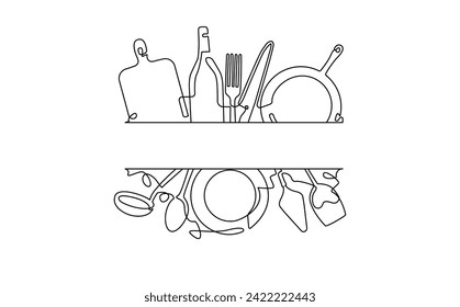 Marco vectorial con utensilios de dibujo lineal. Ilustración sobre el tema culinario. Fondo de cocina.