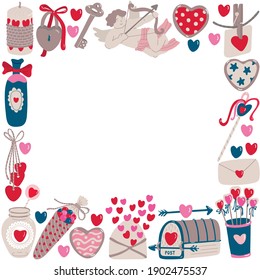  Vector frame with Valentine's day decoration in vintage hand drawn flat style. Social media square format. Illustration isolated on white background. Sweets, hearts and love letters.