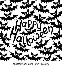 Vector frame with vampire bats and Happy Halloween lettering. Border, decor for greeting card, invitation, party poster in flat style