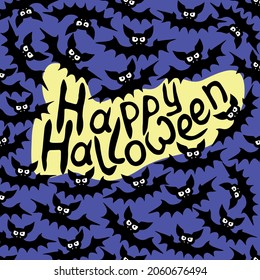 Vector frame with vampire bats and Happy Halloween lettering. Border, decor for greeting card, invitation, party poster in flat style