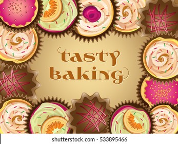 Vector frame of various cupcakes on gradient background