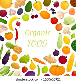Vector frame from various vegetables and fruits. Food border template with space for text.
