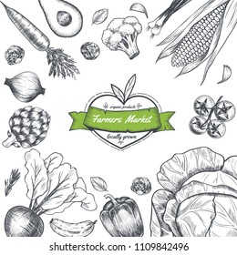 Vector frame with vegetables . Farmer's market. Hand drawn. Vintage style