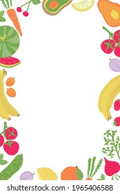 Vector frame with vegetables and fruits for blank decoration. Isolated on a white background. Menu, poster design, in childish cute fun style, hand-drawn, free hand.  Modern, stylish, eco background.