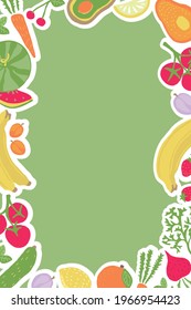 Vector frame with vegetables and fruits for blank decoration. Isolated on a white background. Menu, poster design, cute fun, hand-drawn, free hand.  Modern, stylish, eco background. Vegetable frame.