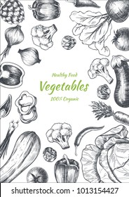 Vector frame with vegetables . Hand drawn. Vintage style