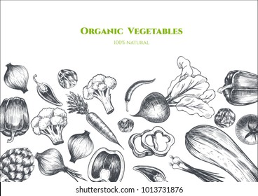 Vector frame with vegetables . Hand drawn. Vintage style