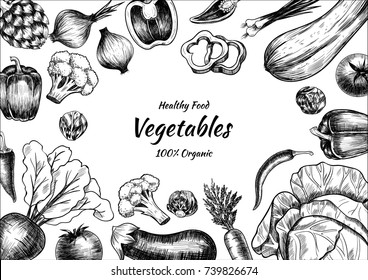 Vector frame with vegetables . Hand drawn. Vintage style