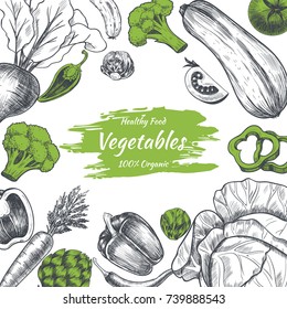 Vector frame with vegetables . Hand drawn. Vintage style