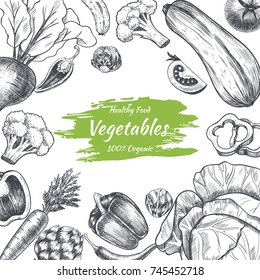 Vector frame with vegetables . Hand drawn. Vintage style