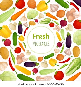 Vector frame of vegetables. Round border made from vegetables. Vector illustration.