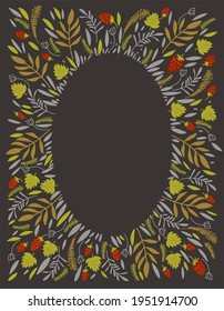 Vector frame from vegetation on a brown background. An illustration in the form of a frame from stylized field plants, herbs and berries.