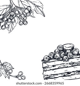 Marco de Vector de bayas de viburnum y un trozo de pastel con bayas y malvaviscos. Todos los objetos están dibujados a mano con tinta. Para el diseño de envases, diseño de menús en pastelerías y panaderías. 