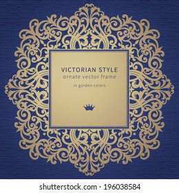 Vector frame in Victorian style on dark blue background. Baroque ornate element and place for text. Golden ornamental pattern and traditional decor.