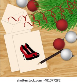 vector Frame with vintage paper, painted shoes and Christmas decorations close up. Christmas letter. Holiday card