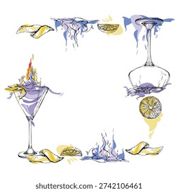 Vector frame of violet cocktails, burning fire flames, lemon peel and juice. Abstract color splashes and clean ink outlines. Hand drawn for themed menus, creative layouts, blog headers and packaging.