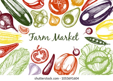 Vector frame vith hand-drawn colorful vegetables
