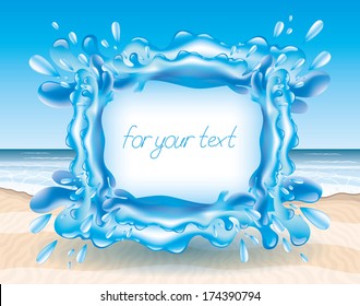 Vector Frame. Water Splash On Beach Background. 