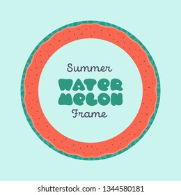 Vector frame with watermelon border and text field in the middle isolated on blue backdrop. Design for summer activity card, banner, poster and fruit menu.