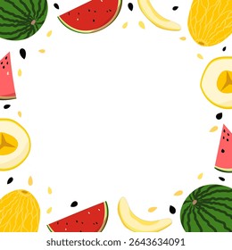 Vector Frame with watermelon and melon, seeds on isolated on white background. Colourful frame background, summer time. Hand drawn illustration