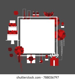 Vector frame with wedding cake, flowers and gifts.