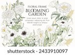 Vector frame of white flowers. Narcissus, peony, rose, iris, snowdrop, crocus, lily of the valley, anemone, tulip